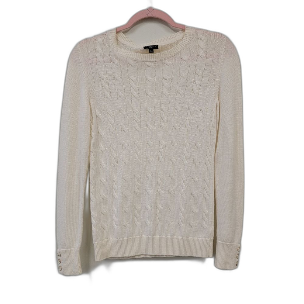 Talbots Button Cuff Cable Knit Sweater Cream Size Sp Quiet Luxury
